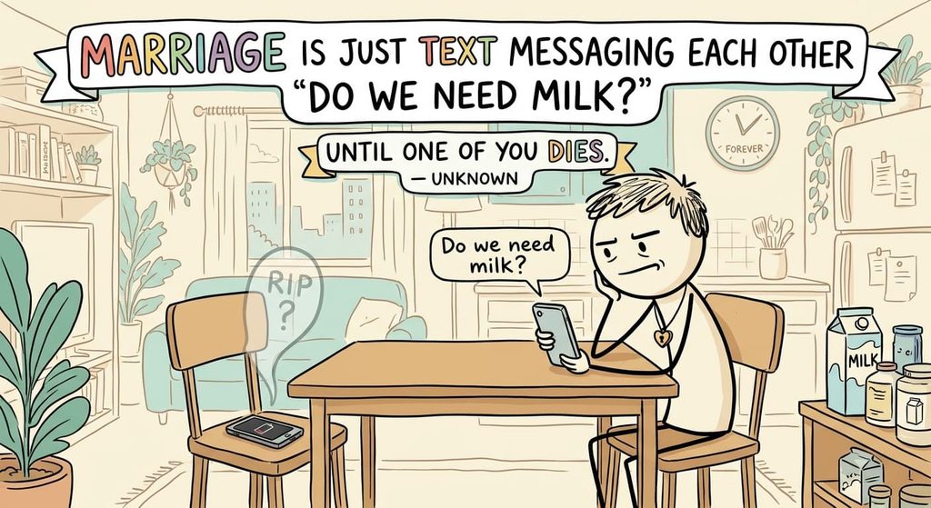 "Marriage is just text messaging each other 'Do we need milk?' until one of you dies." — Unknown